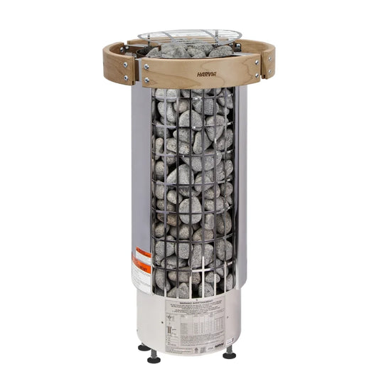 Harvia Cilindro with railing sauna heater side view showing tall cylinder shape