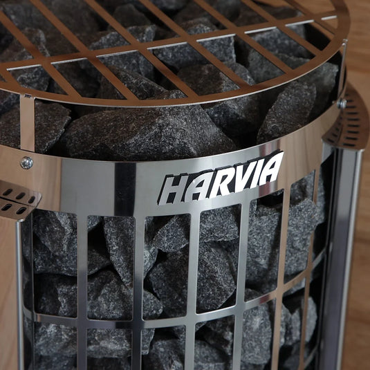Close-up of Harvia Cilindro  stones and steel grille pattern