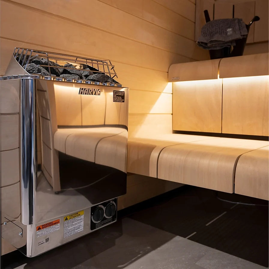 Harvia KIP with built in control heater angled view showing small stainless body