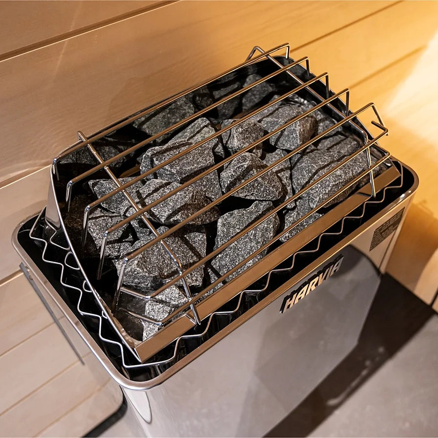 Close-up of Harvia KIP sauna stones and steel grille