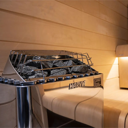 Harvia KIP sauna heater side view showing compact steel bod