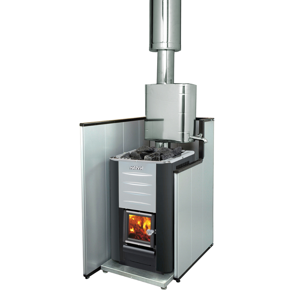 Harvia M3 wood stove side view showing compact body and stone tray