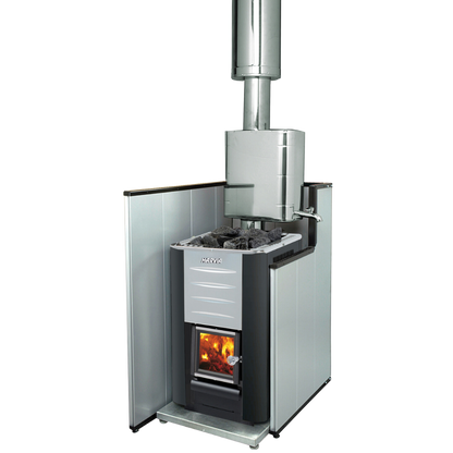Harvia M3 wood stove side view showing compact body and stone tray