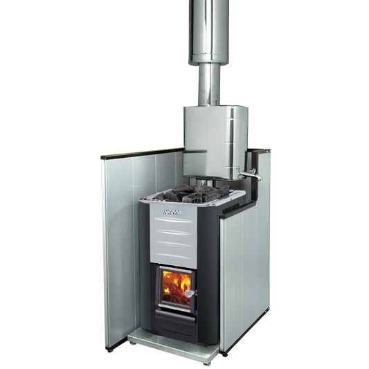 Harvia M3 wood stove side view showing compact body and stone tray