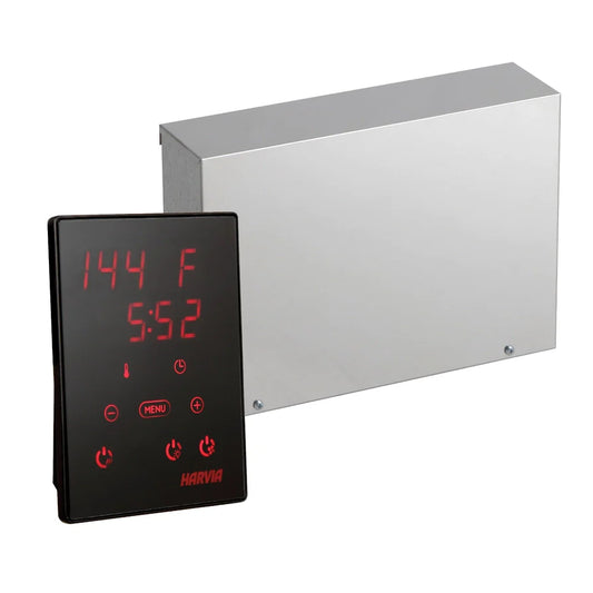 Harvia Xenio CX45 WiFi sauna control with black panel and power unit