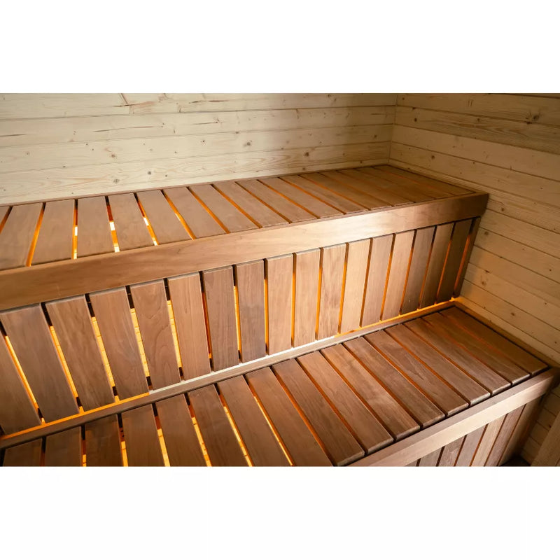 Load image into Gallery viewer, Lux Belvedere Air 4-6 person interior with wood benches and outdoor views
