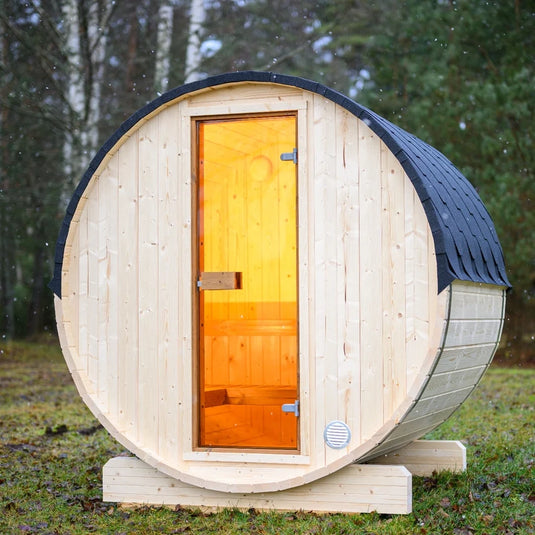 Heritage Sauna® Lumina 3-4 person outdoor sauna with glass front, front view