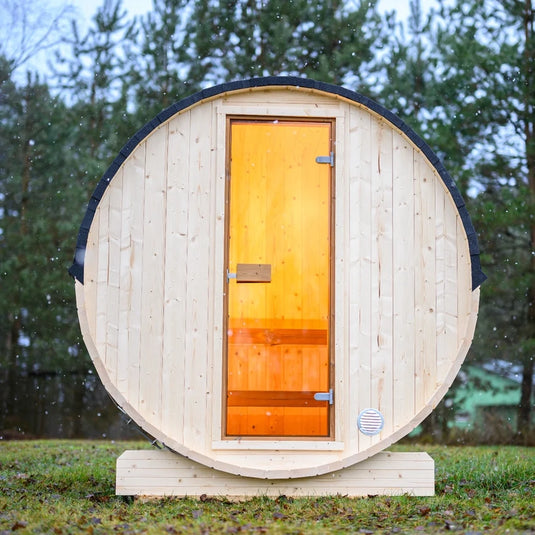 Heritage Sauna® Lumina 3-4 person outdoor sauna with glass front, front view