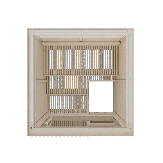 Lux Glass 2-person sauna interior with wood bench and heater