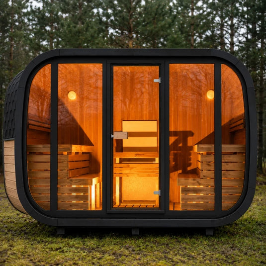 Lux Halo 6-8 person sauna front view showing rounded wood design black stained