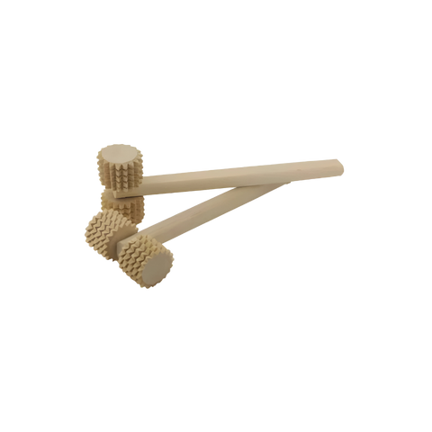 Heritage Sauna® wooden massage roller side view showing handle and rollers