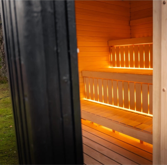 Lux Stromboli outdoor sauna angled view showing dark modern facade