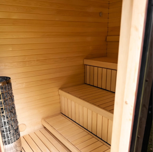 Lux Stromboli 6-8 person sauna interior with tiered wood benches