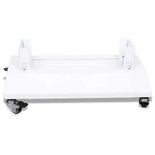 Close-up of red light therapy stand mounting bracket and wheels
