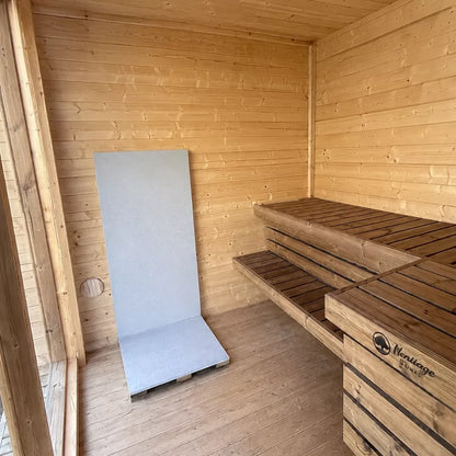 Lux Fjord 4-person sauna interior with wood benches , front glass