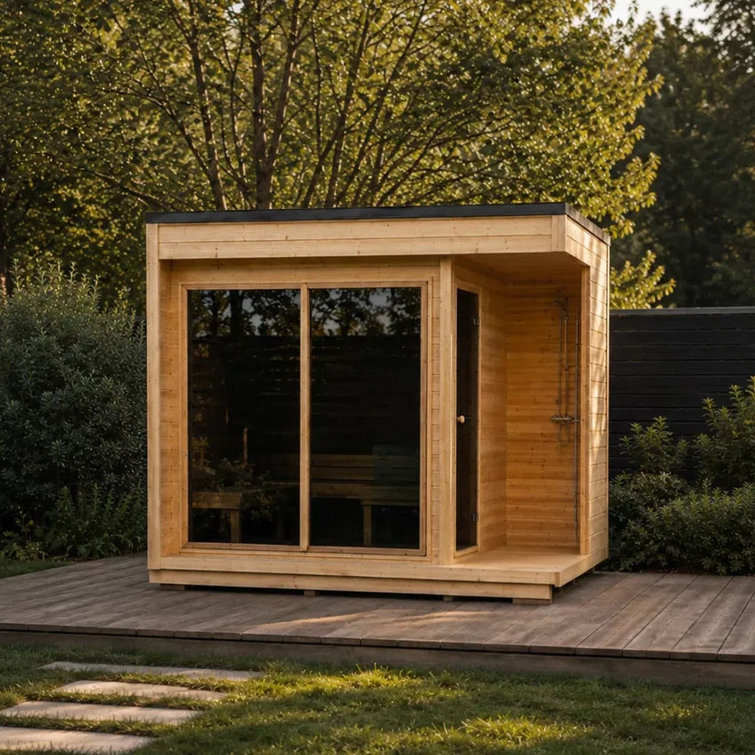 Heritage Sauna® Lux Fjord 4-person outdoor sauna, front exterior view
