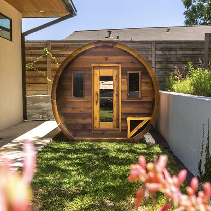 Heritage Sauna® flat barrel outdoor sauna, front exterior view, stained
