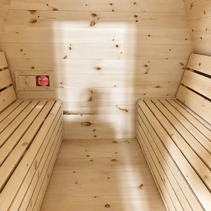 Heritage Sauna® flat barrel sauna interior with facing wood benches