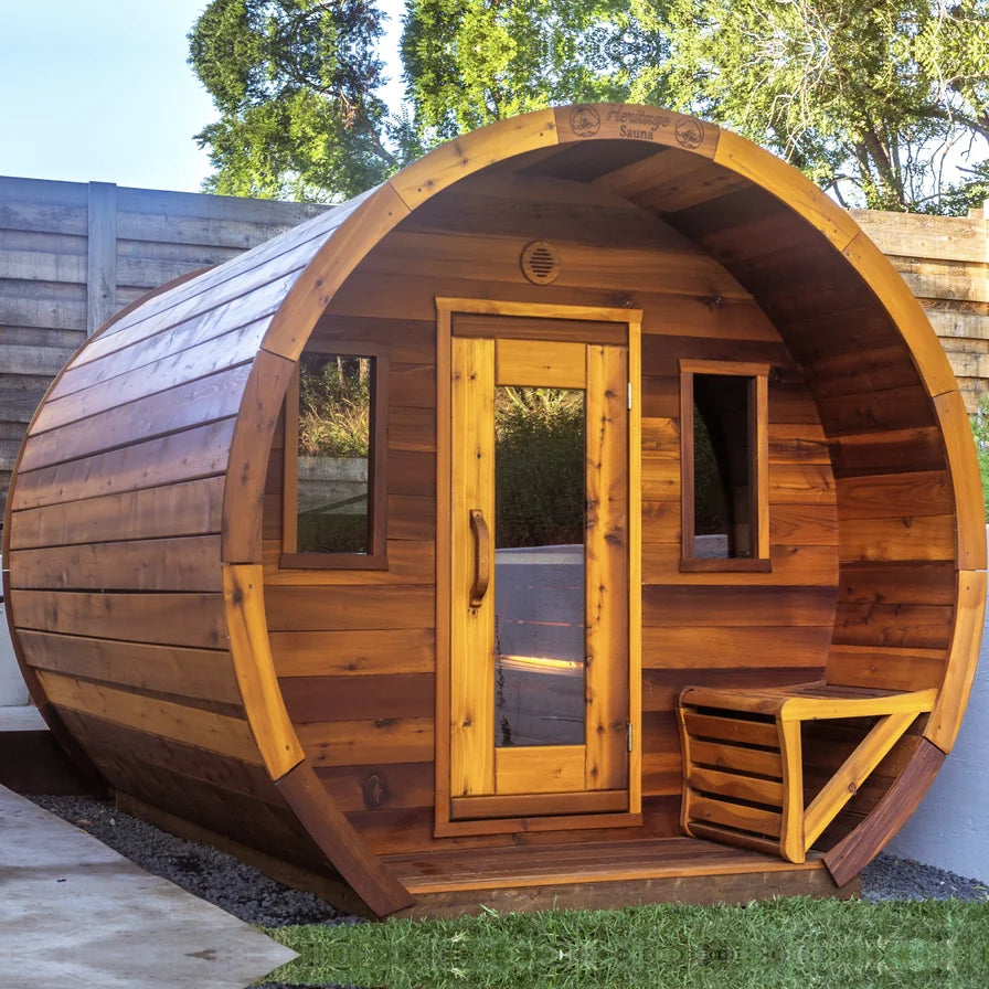 Heritage Sauna® flat barrel outdoor sauna, front exterior view, stained