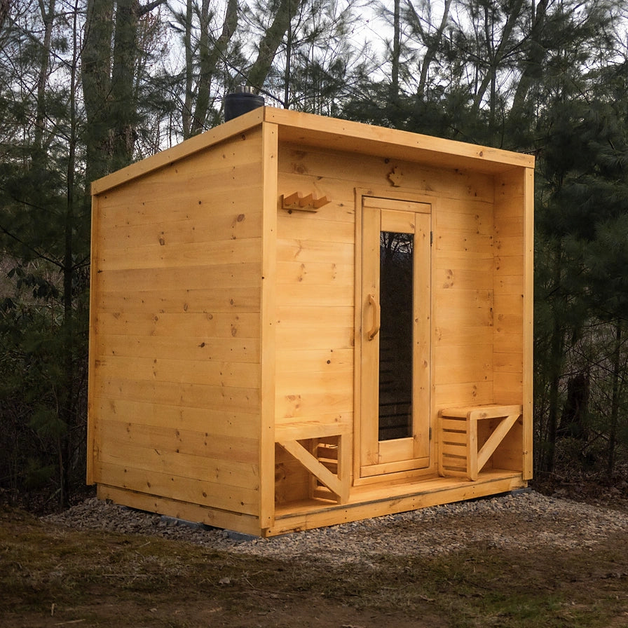 4-person cabin outdoor sauna, front exterior view with glass door in the woods