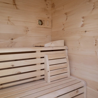 4-person cabin sauna interior with wood benches, vent and heater