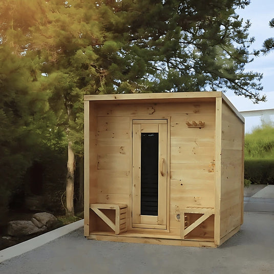 4-person cabin outdoor sauna, front exterior view in an outdoor setting