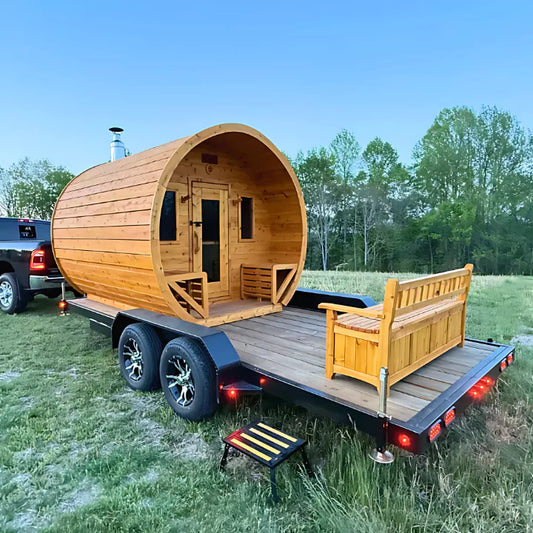Mobile Flat Barrel Sauna Trailer 6-8 Person with HUUM heater