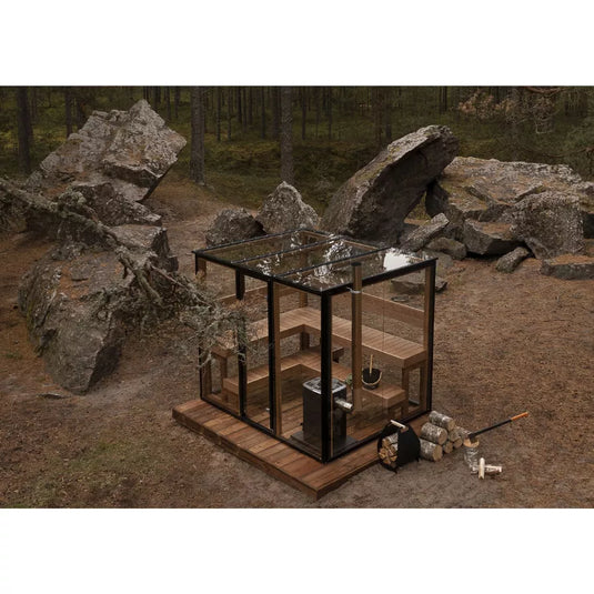 Panorama Horizon 5-6 person sauna interior with benches and scenic views