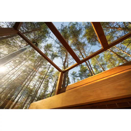 Panorama Grand 6-person sauna interior with tiered benches and open views