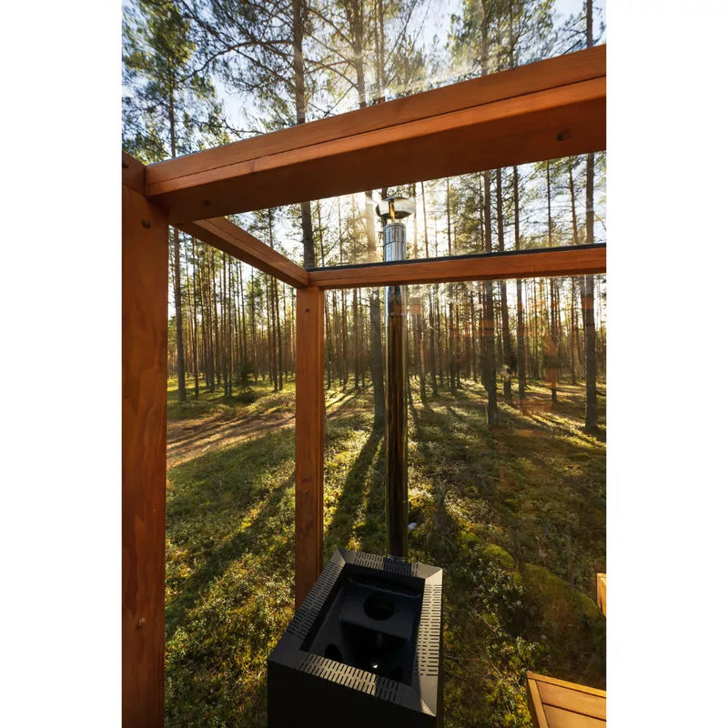 Load image into Gallery viewer, Panorama Grand sauna angled view showing large glass panels and wood frame
