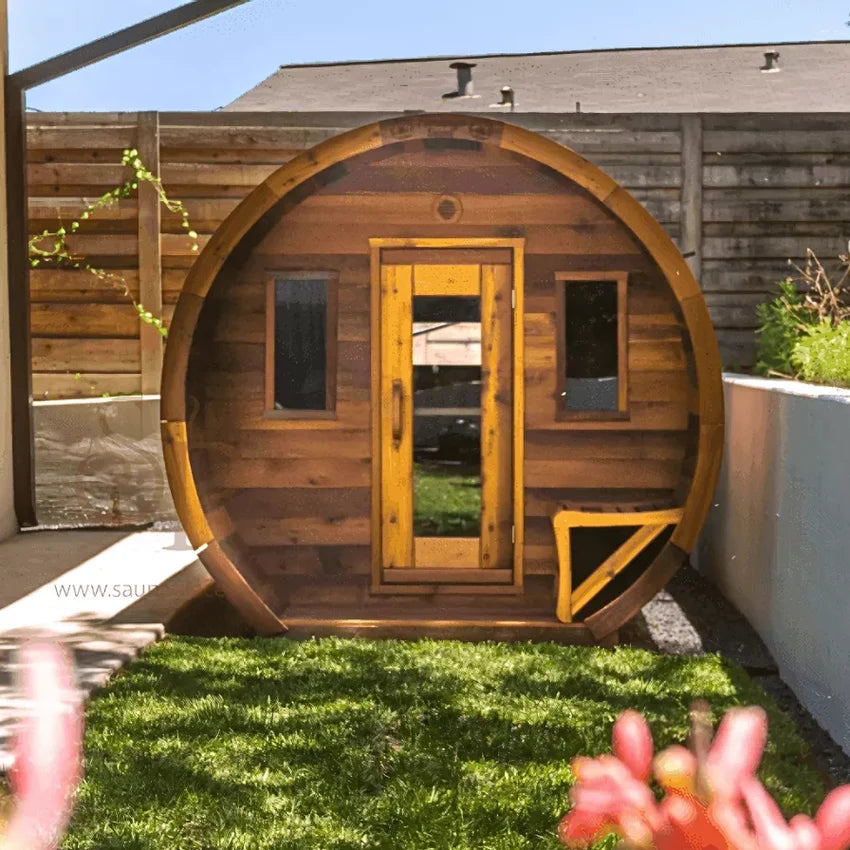 Heritage Sauna® flat barrel outdoor sauna, front exterior view, stained