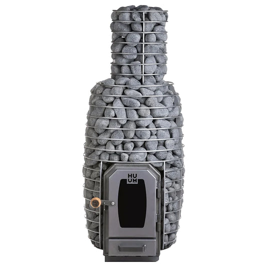 HUUM HSTV stone cage filled with sauna stones around a wood stove chimney