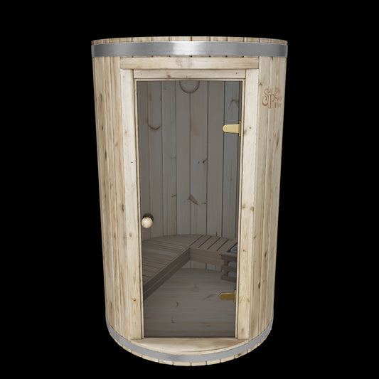 Heritage Sauna® Sole 2-person indoor sauna, front view with glass door