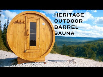 Heritage Sauna® flat barrel outdoor sauna in a backyard setting