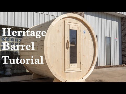 Heritage Sauna® flat barrel outdoor sauna in a backyard setting