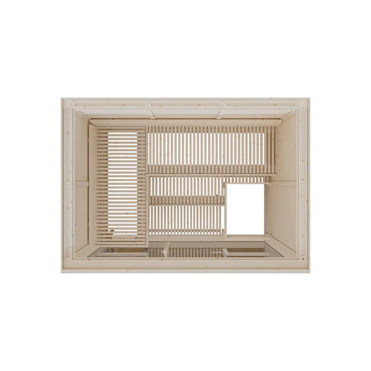 Lux Glass 3-person sauna top angled view showing wood frame and benches
