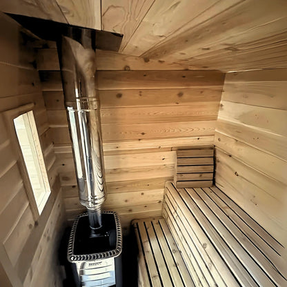 4 Person Cabin Outdoor Sauna interior bench, backrest and heater